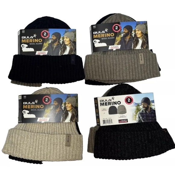 Bula Merino Unisex 2- Pack Wool Blend Beanie Hat, Charcoal/Beige, One Size - Picture 3 of 7